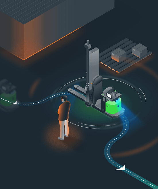 Illustration of a robot safely avoiding a person in its path