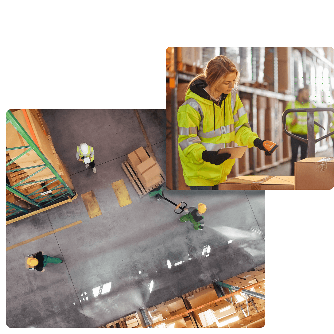Large top down photo of people working in a warehouse and a smaller photo of a woman scanning boxes