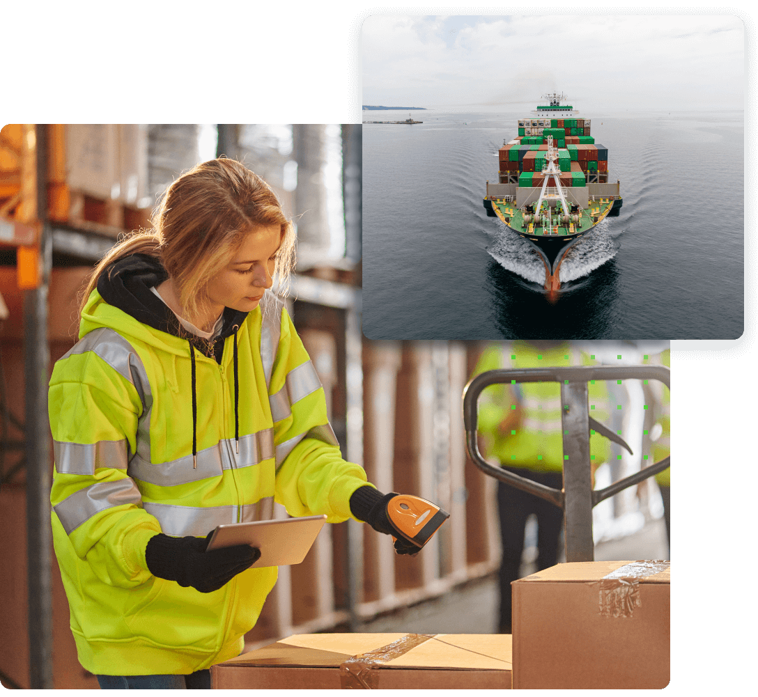 Large photo of a woman scanning boxes with a smaller photo of a freight ship