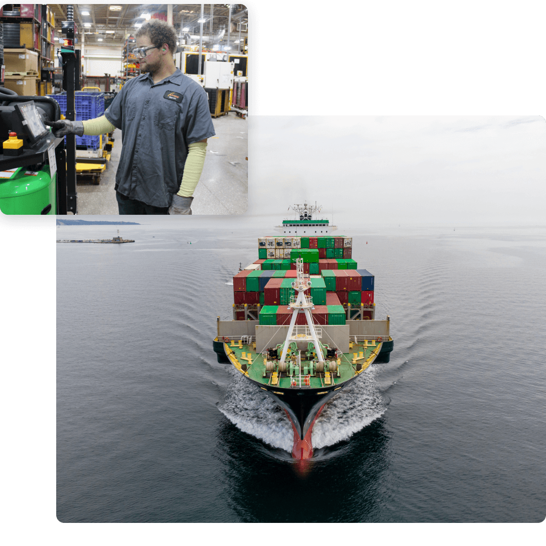 A large photo of a freight ship and a small photo of a man programming a robot