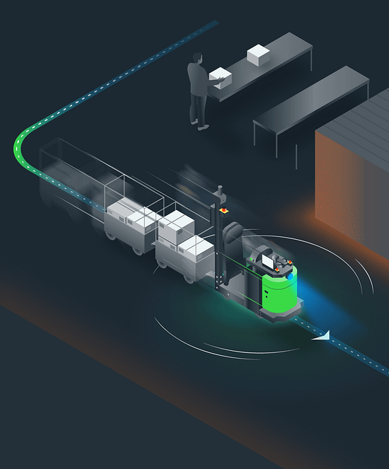 Illustration of a tugger moving materials in a manufacturing warehouse