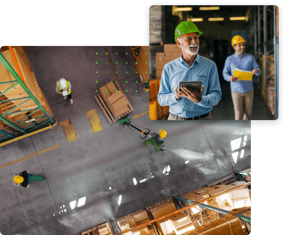 Large photo of an aerial view of people working in a warehouse with a smaller photo of two men wearing hard hats
