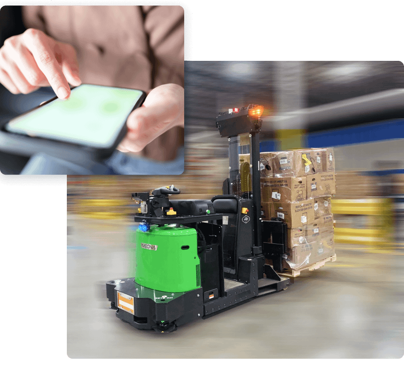 A large photo of a Vecna AFL robot with a small photo of someone using a mobile phone