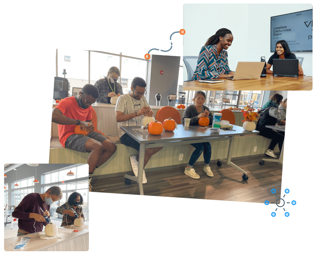A collage of photos of people at tables carving pumpkins and working