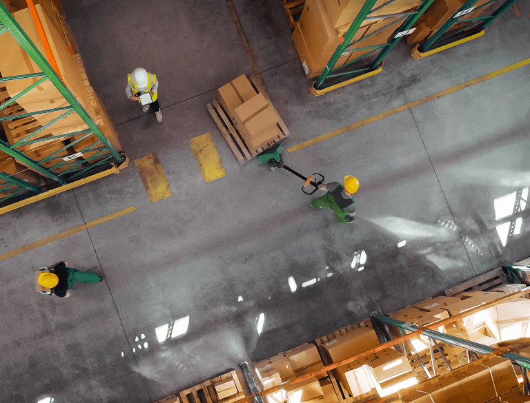Photo of a birds eye view of a warehouse